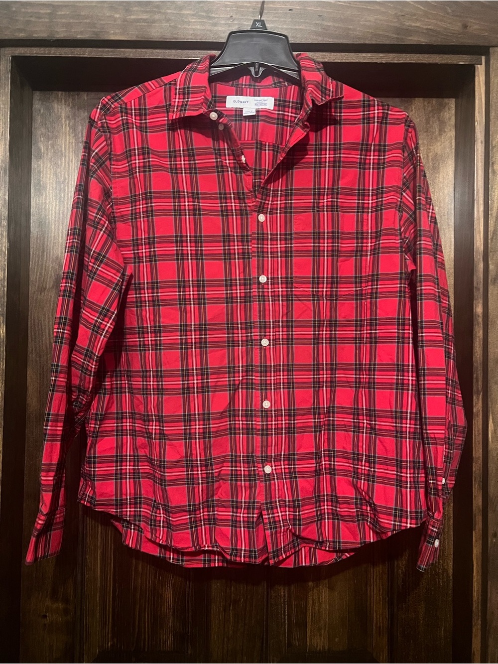 Old Navy Red and Black Plaid Button-Down Shirt - everyday shirt